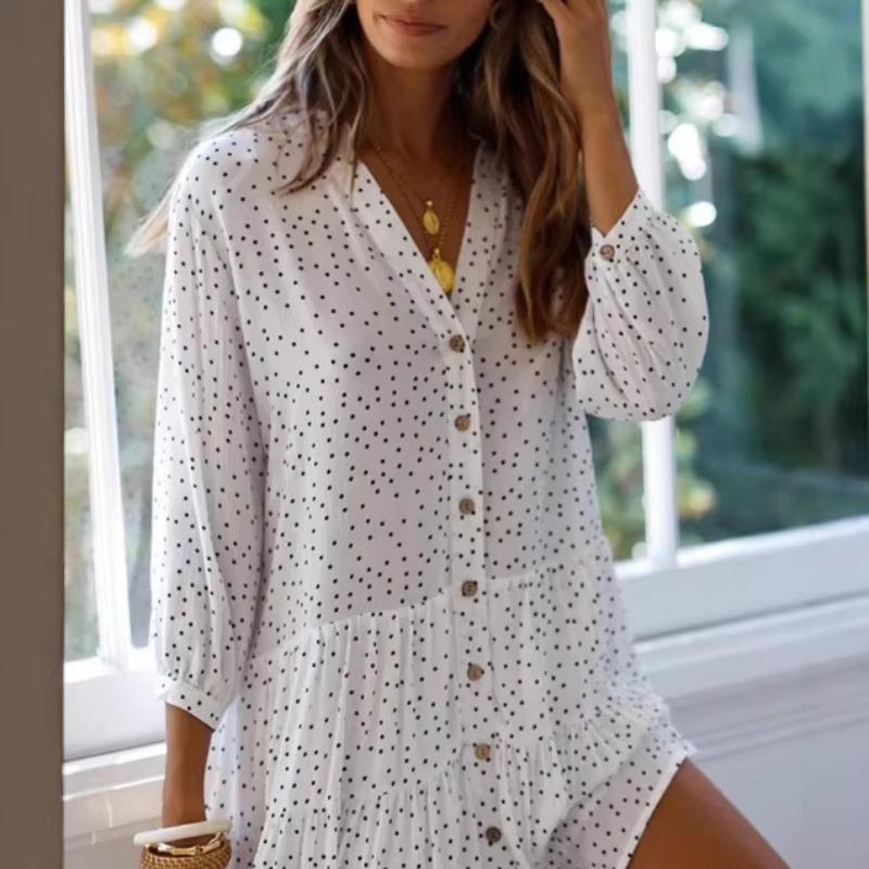 Women S Loose V Neck 9 10 Sleeve Polka Dot Print Buttoned Dress S