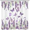 Purple Floral Shower Curtain Purple Lavender and Butterfly on White Shower Curtain for Bathroom, Rustic Flower Plant Shower Curtain Set Durable