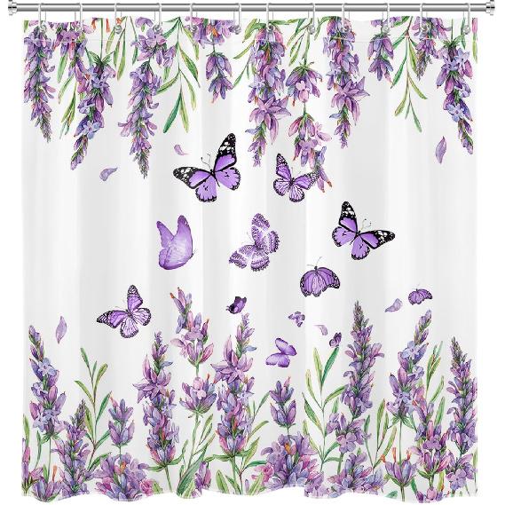 Purple Floral Shower Curtain Purple Lavender and Butterfly on White Shower Curtain for Bathroom, Rustic Flower Plant Shower Curtain Set Durable