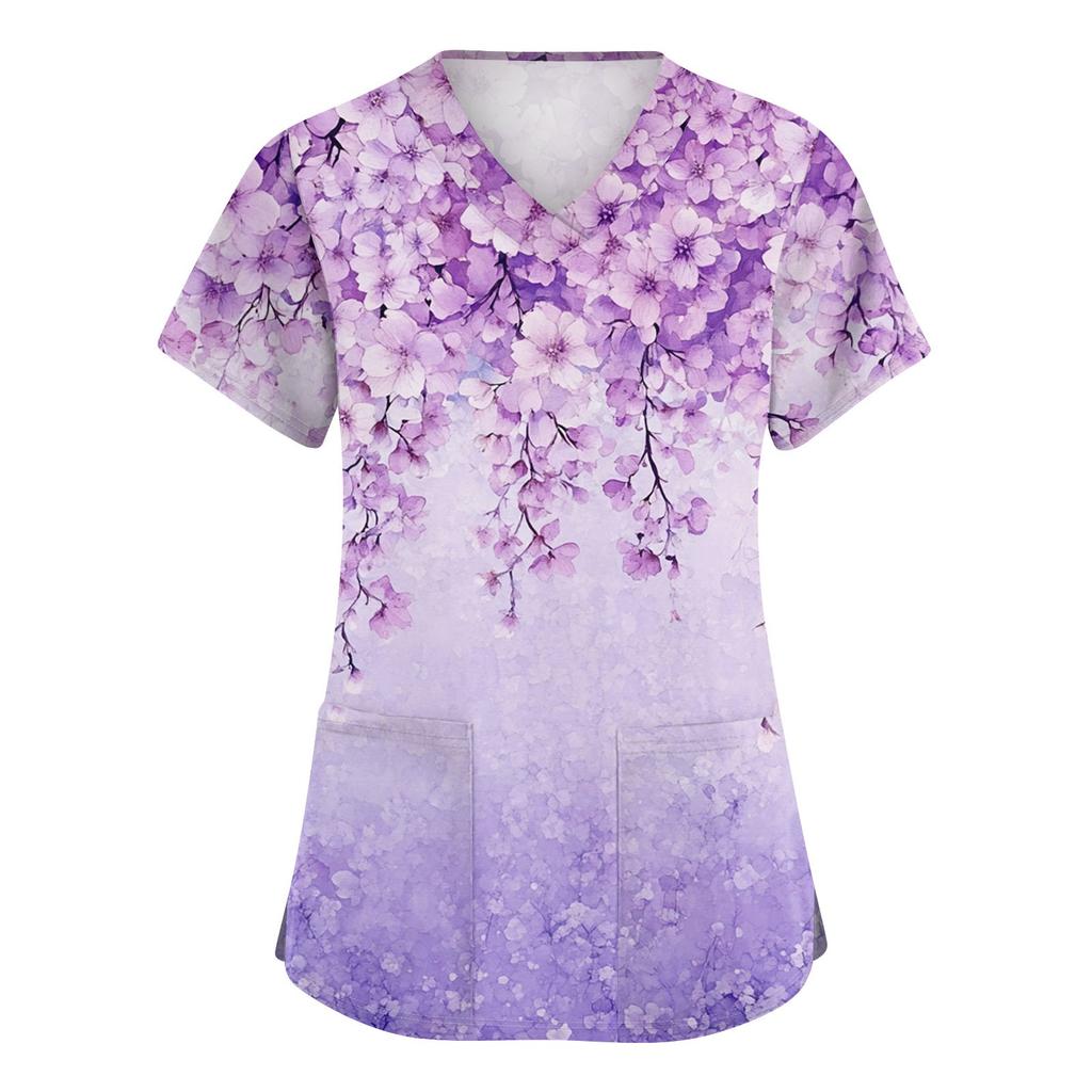 Niedlich bedruckte Arbeitskleidung für Damen, V-Ausschnitt, doppellagige Taschen, Basic-Kurzarm-Oberteil, Pullover