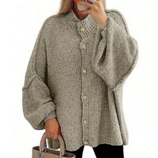 Autumn/Winter Solid Color Knit Button Cardigan with Large Sleeves - Casual Style