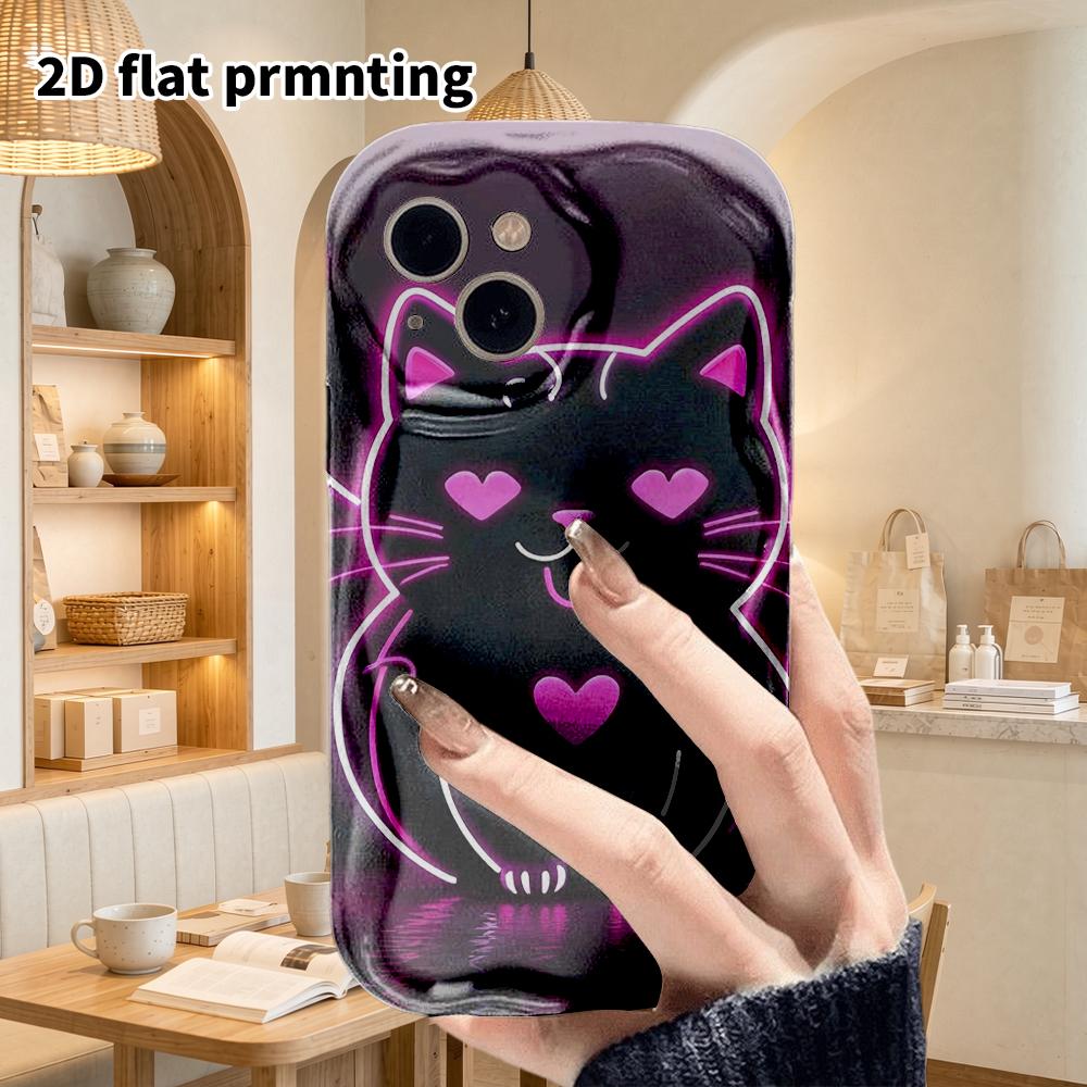 Phone Case: 2D Flat Design Suitable for iPhone 18, 17, 16, 15, 14, 13 Pro Film Protective Case, Couple Style, Line Art Black Cat, Christmas and Hallow