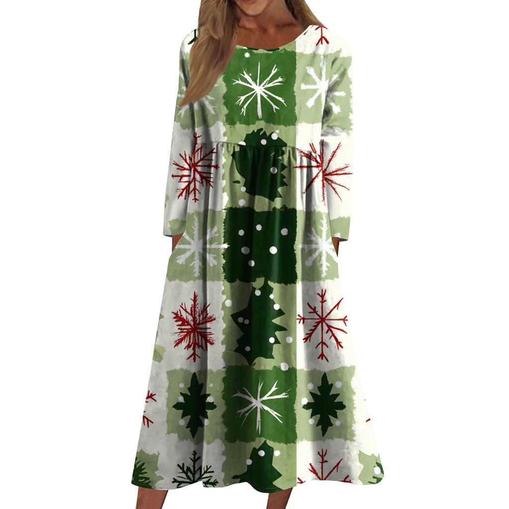 Women's Casual Crew-neck Christmas Print Mid-length Dress Long-sleeved Dress With Pocket