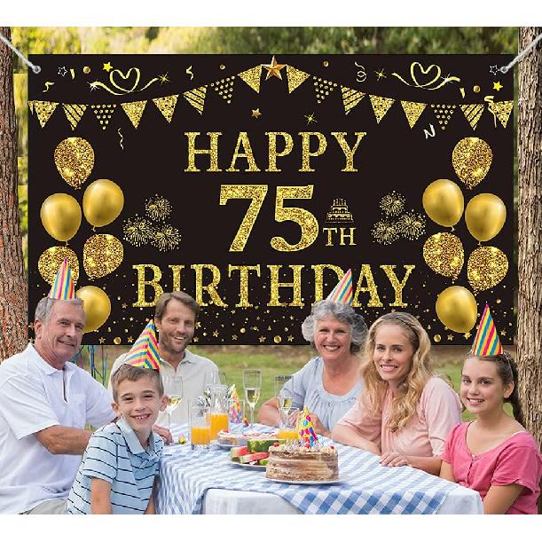 Trgowaul 75th Birthday Backdrop Gold and Black 5.9 X 3.6 Fts Happy Birthday Party Decorations Banner for Women Men Photography Supplies Background