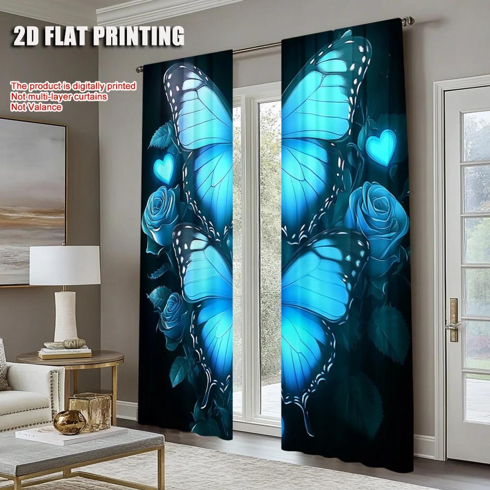 2Pcs Butterfly Printed Curtains Decorative Window Drapes Window Treatments For Bedroom Living Room Home Decoration Room