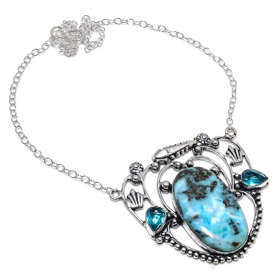 Caribbean Larimar, Topaz 925 Sterling Silver Jewelry Necklace 18" C3j04