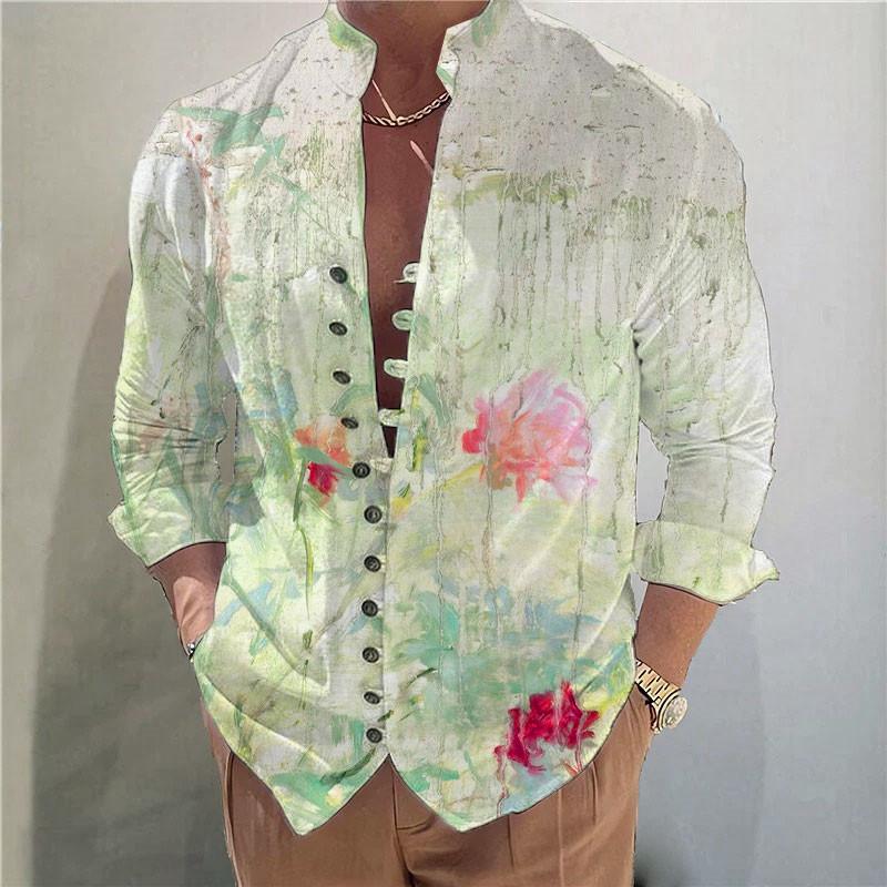 

Autumn Print Vintage Stand-Up Neck Long Sleeve D Digital Button Men s Shirt S