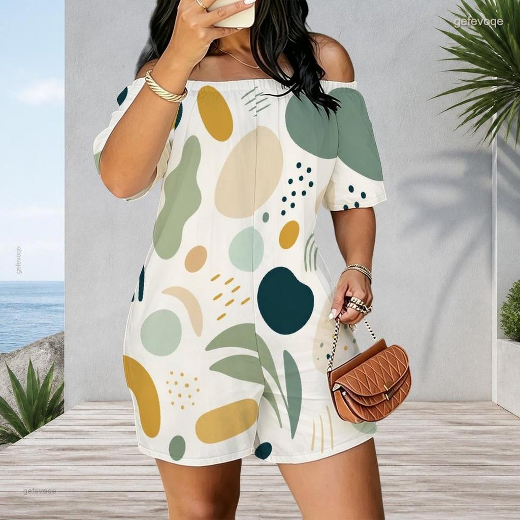 Women Plus Size Off Shoulder Short Sleeve Romper Retro Leopard Animal Print Casual Jumpsuit Shorts