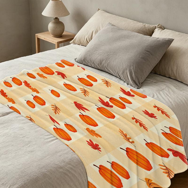 High-Density Plush Flannel Fleece Blanket Pumpkin & Maple Leaf Pattern, Soft & Skin-Friendly, Portable for Home & Car, Warm Fall Air-Condition Cover