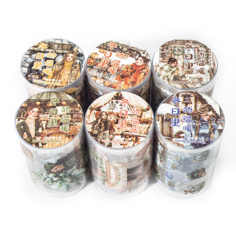 1 Roll 6x200cm Winter Home Girl Theme Tape Stickers Warm Cute Hand-Painted Patterns Journal DIY Scene Decor Supplies