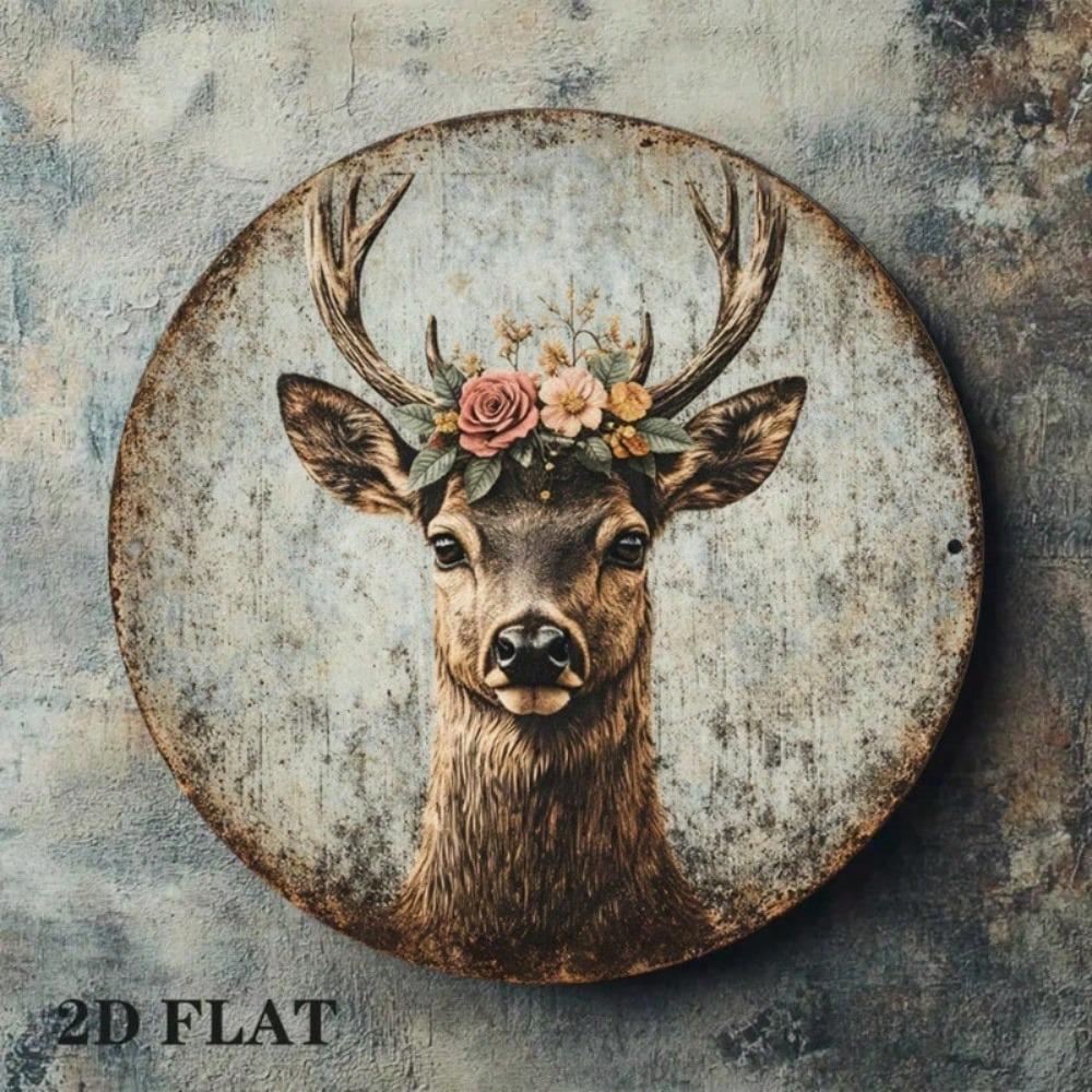 Vintage Deer Head Wreath Sign 8x8in, Rustic Round Antler Plaque, Flat 2D Wall Art for Living Room Bedroom Decor