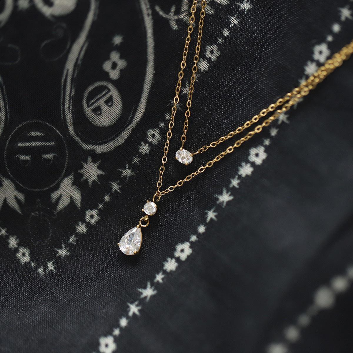 18K Gold-Plated Sterling Silver Double Layer Water Drop Zircon Necklace for Women 18K Gold