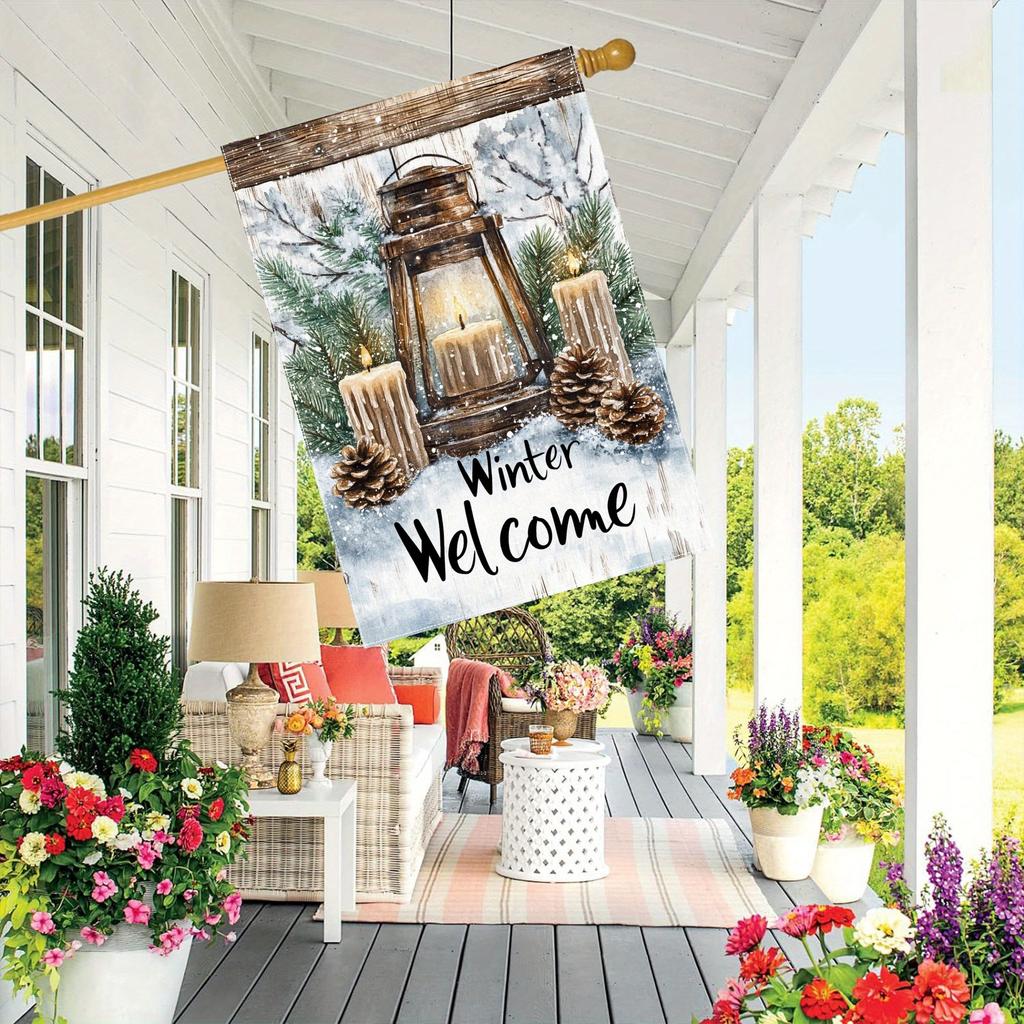 1pc, Rustic Winter Welcome Garden Flag, Double-Sided Polyester, Pine Branch & Red Berry Design, Outdoor Lawn & Courtyard Decor, Festive Holiday Flag O