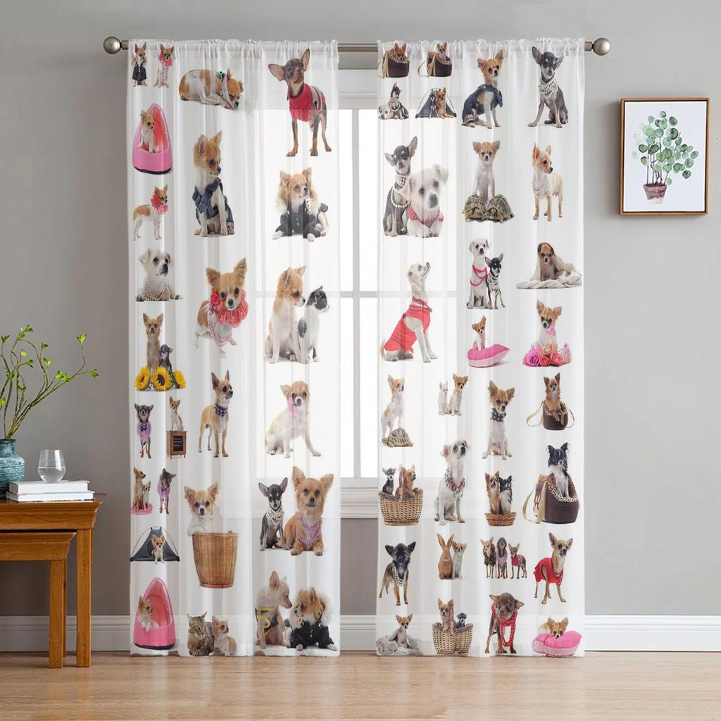 Light Filtering Bulldog Collie Animal Dog Tulle Curtains Living Room Bedroom Decoration Transparent Chiffon Voile Window Curtain Polyester Washable