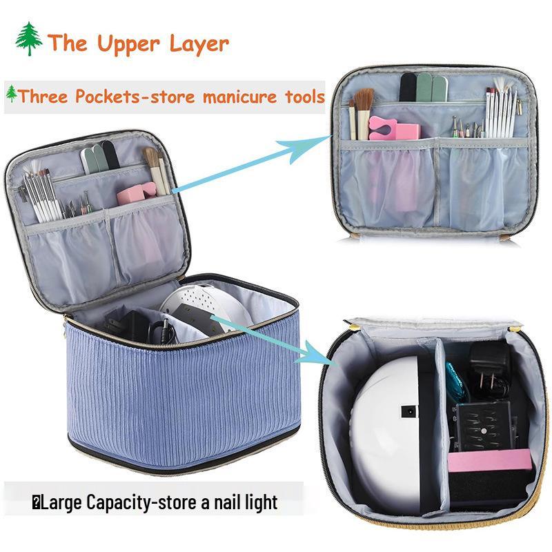 Double-Layer Corduroy 30-Grid Nail Polish Bag, Large Capacity, Fashionable Multi-functional Makeup & Nail Art Handbag, Portable Storage