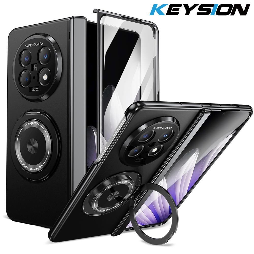 KEYSION 360° Rotating Magnetic Ring Stand Phone Case for MagSafe for OPPO Find N5 Hinge Phone Cover with Glass Screen Protector