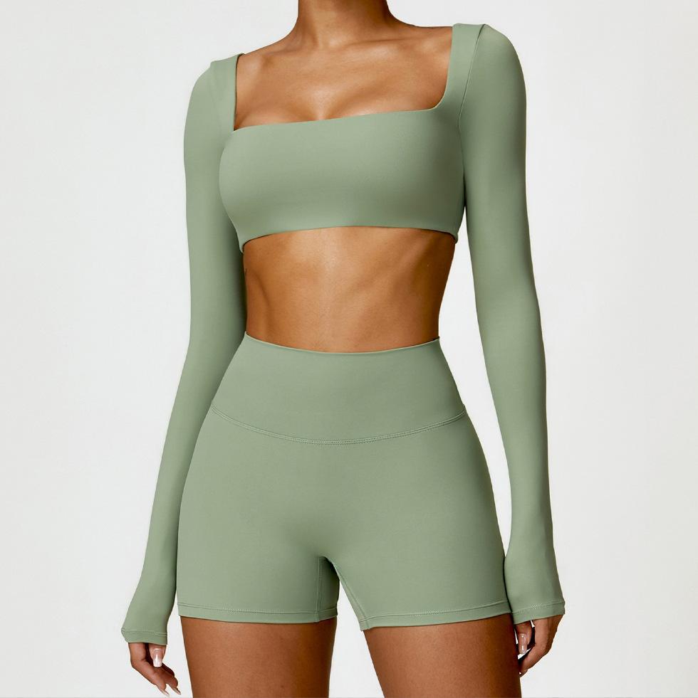 Women Tight‑Fit Yoga 2‑Piece Set, High‑Waist Quick‑Dry Long‑Sleeve Workout Outfit for Outdoor Running Fitness