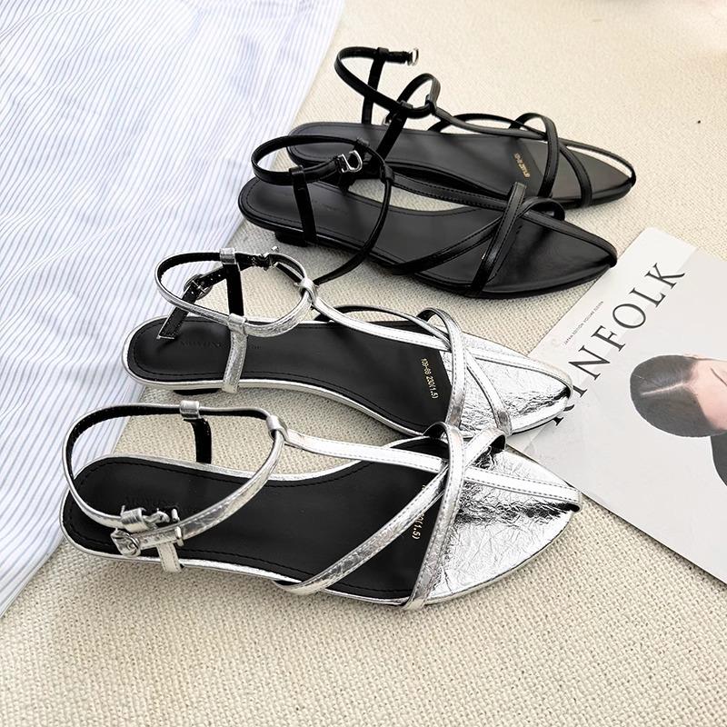Roman Sandals Women's 2025 Summer New Low-heeled Pointed French Silver Temperament with Skirt Fashionable Cross-strap