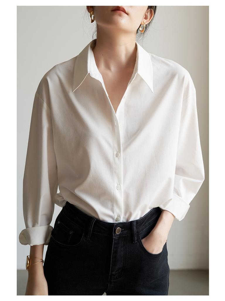 For professional commuting, layered white shirts for women, loose long-sleeve formal interview shirts