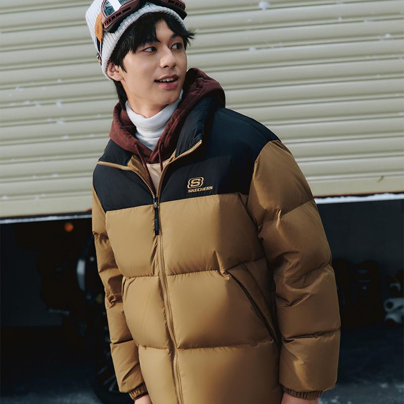 Skechers Fashion Color Block Logo Short Woven Down Jacket Unisex Jackets Light-Brown L423U106-01N2