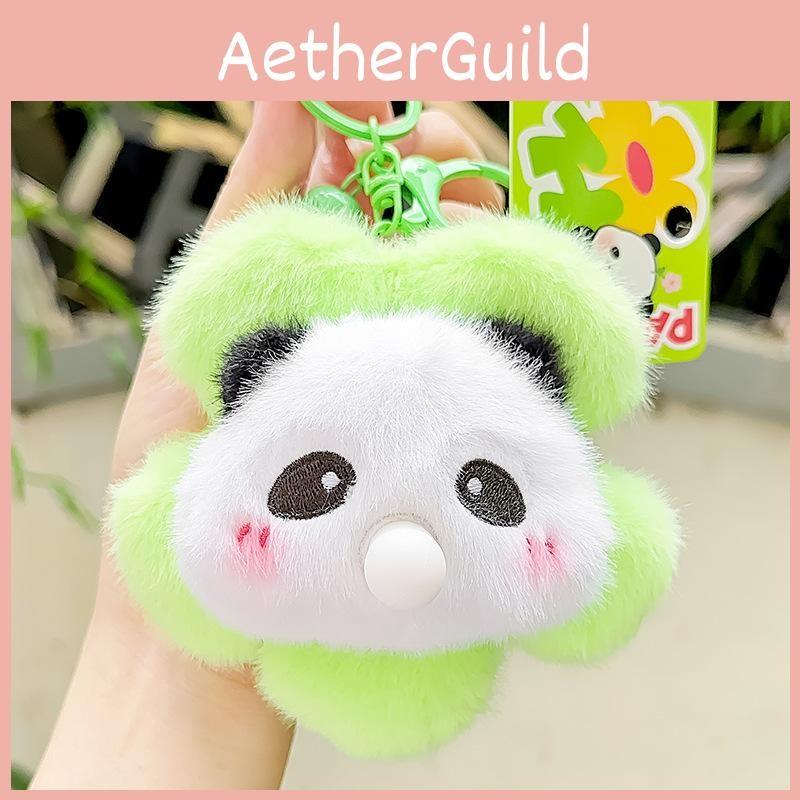 Playful Flower Panda Head Plush Keychain Colorful Cartoon Animal Keyring