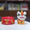 Eastern Awakening Lion & Auspicious Beast Pair Resin Ornament with Red 'Fu' Character and Lucky Bag Base