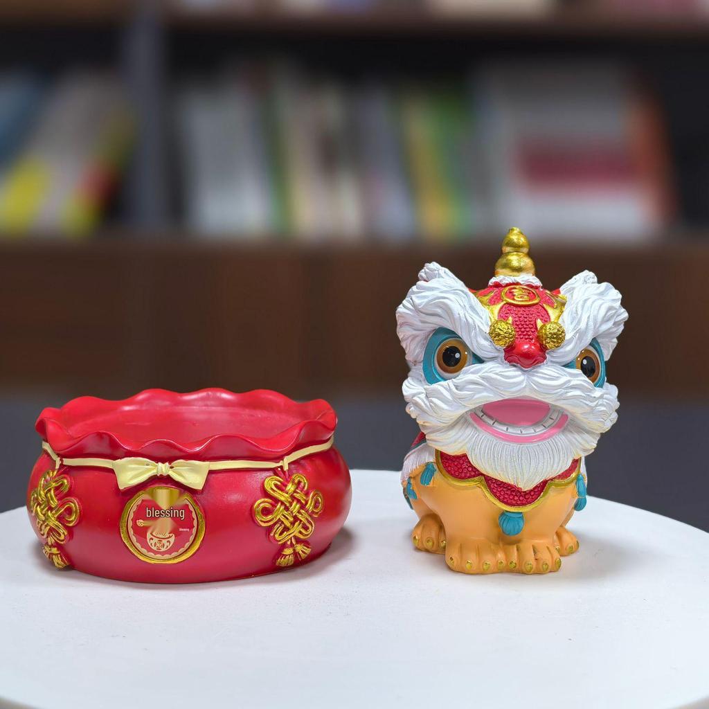 Eastern Awakening Lion & Auspicious Beast Pair Resin Ornament with Red 'Fu' Character and Lucky Bag Base