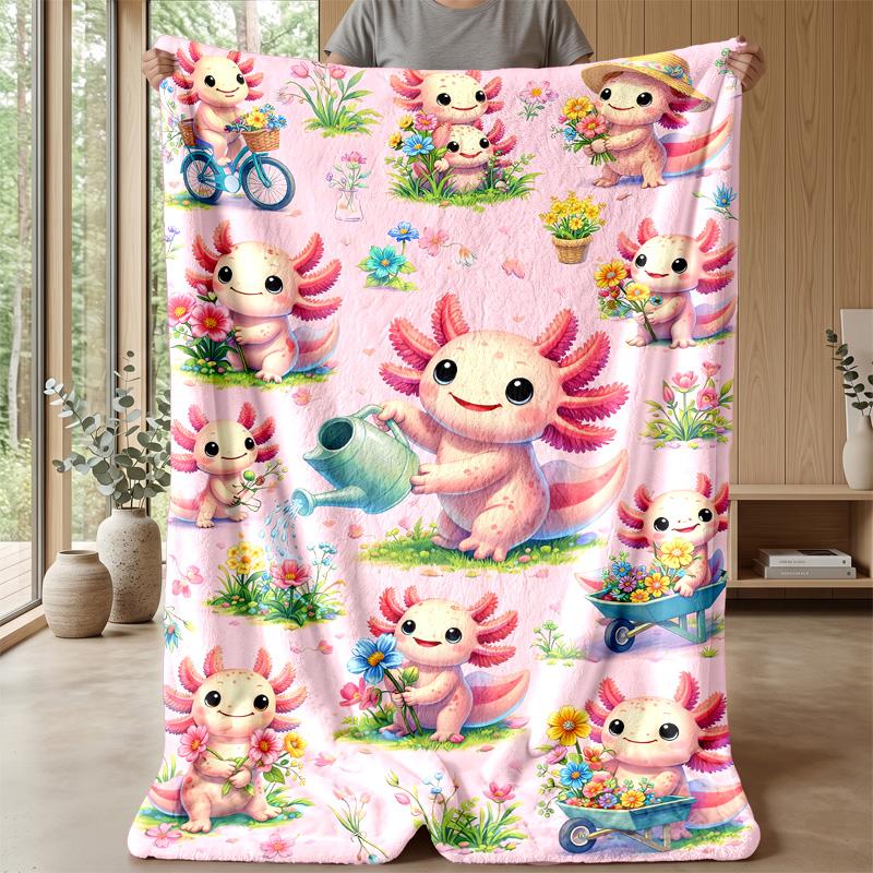 Cute Axolotl Flower Scenes Blanket Personalized Name Flannel Blanket Soft Cozy Plush Throw for Sofa Bed Lightweight Home Decor