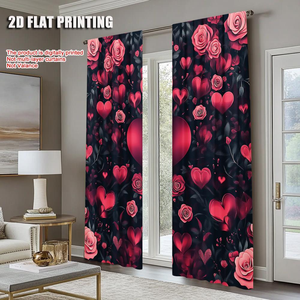 2pc    Party Window Curtains Heart and Rose Light Filter Family Party Decoration Perfect for bedroom living room decoration