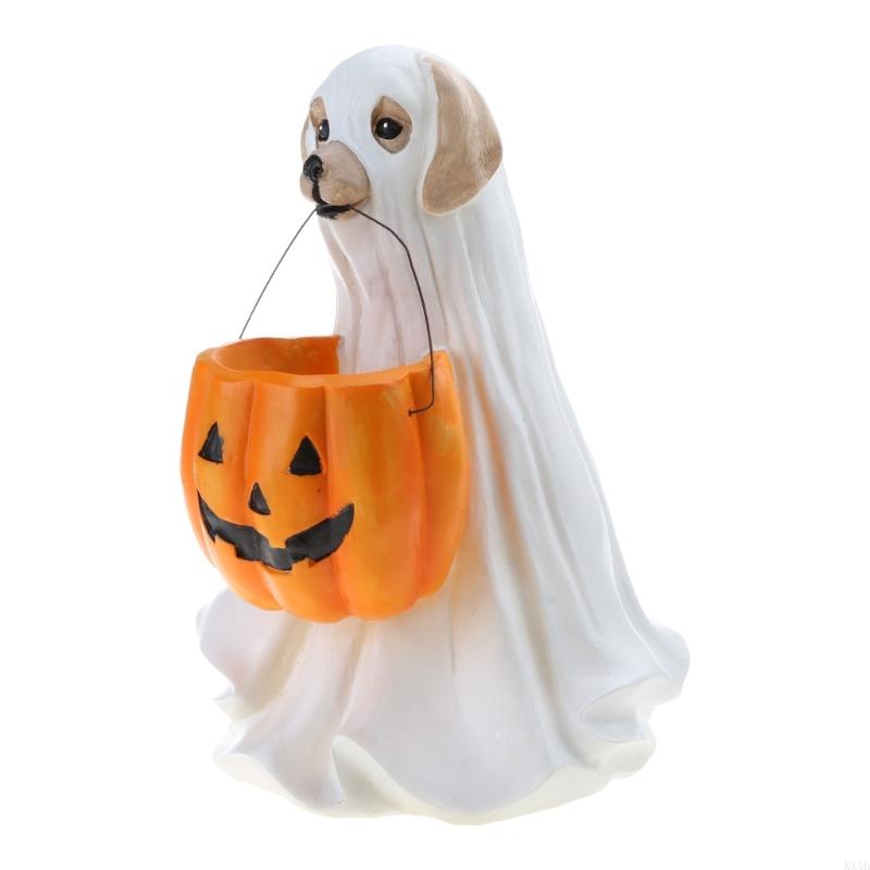 

KX4B for Creative Halloween Dog for Cat Statues with Pumpkin Candy Holder Bowl Bucket Sugar Dish Resin Ornament Trick or