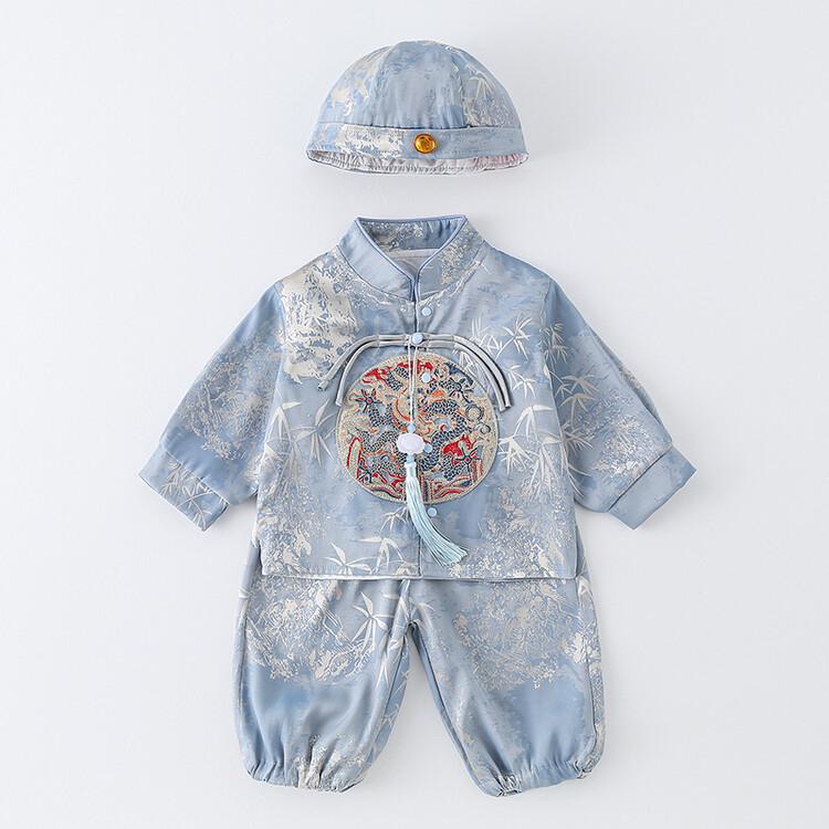 Chinese Style Baby Romper Set: Autumn/Spring Outing Outfit for Boys - Perfect for First Birthday, Full Moon, or Hundred Days Celebration.