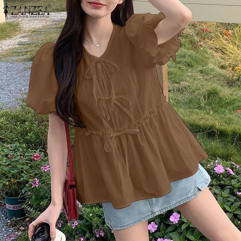 ZANZEA Bluză casual de damă cu șireturi, cu gât rotund, transparentă, de vară, cu mânecă scurtă