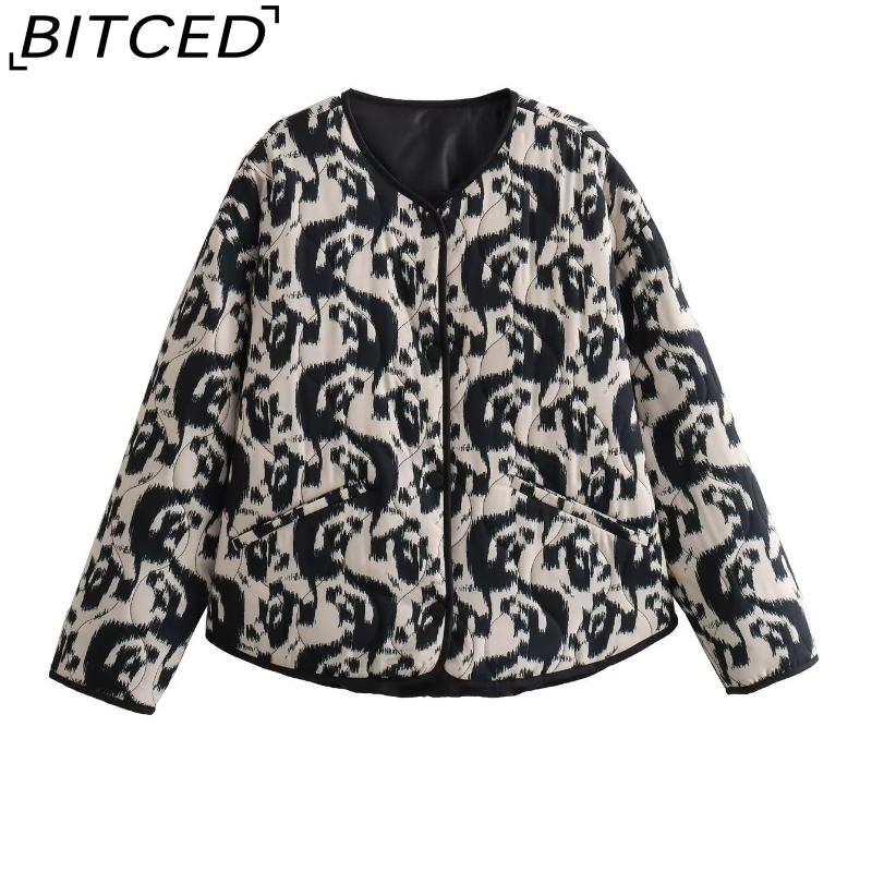 BITCED Women's Autumn/Winter Plus Size Fashion Print Quilted Cotton Jacket