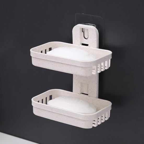 Soap Rack Multifunctional Punch-free Hollow Design Wall-mounted Double-deck Drainage Soap Storage Holder for Bathroom
