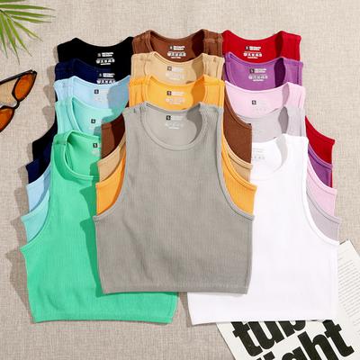 Crop Top Damen Solide Basic T-Shirts Weste Nahtlose Streetwear Elastische Rippstrick Ärmellose Casual Tank Tops Weiblich