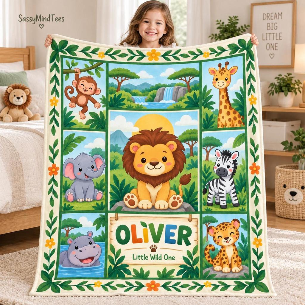 Personalized Safari Baby Blanket, Custom Name Jungle Animal Blanket, Lion Elephant Giraffe Nursery Decor, Baby Boy Gift, Toddler Blanket