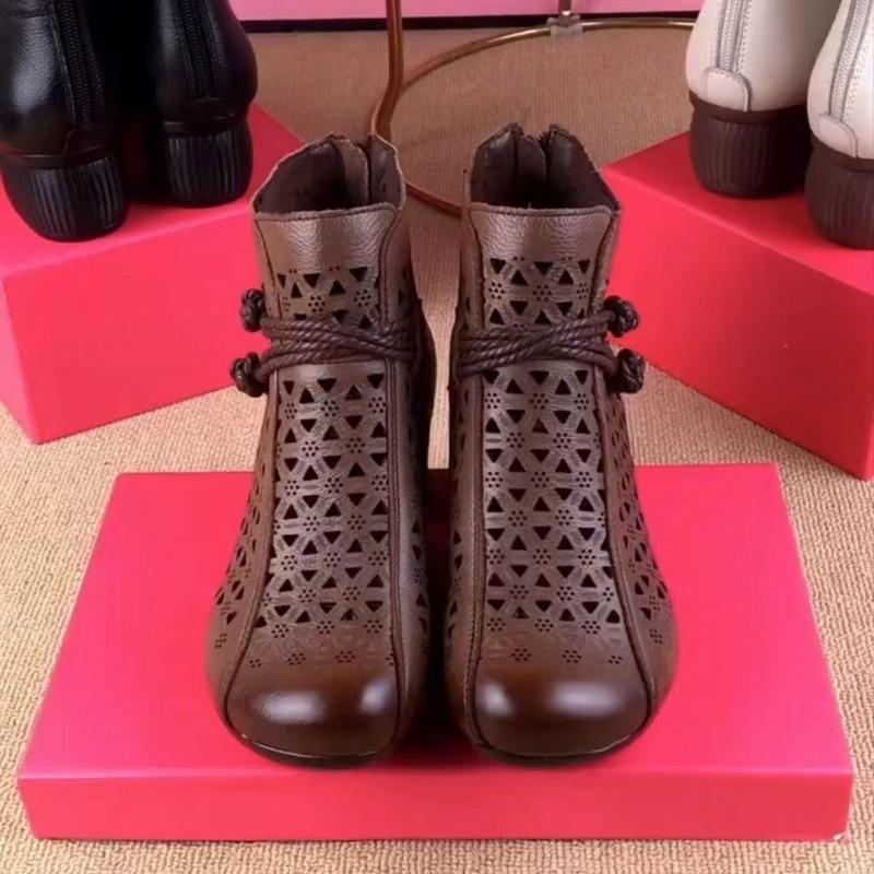 Flat bottom leather hollow short boots women's spring new mesh mesh soft sole thick heel retro Martin cool boots women