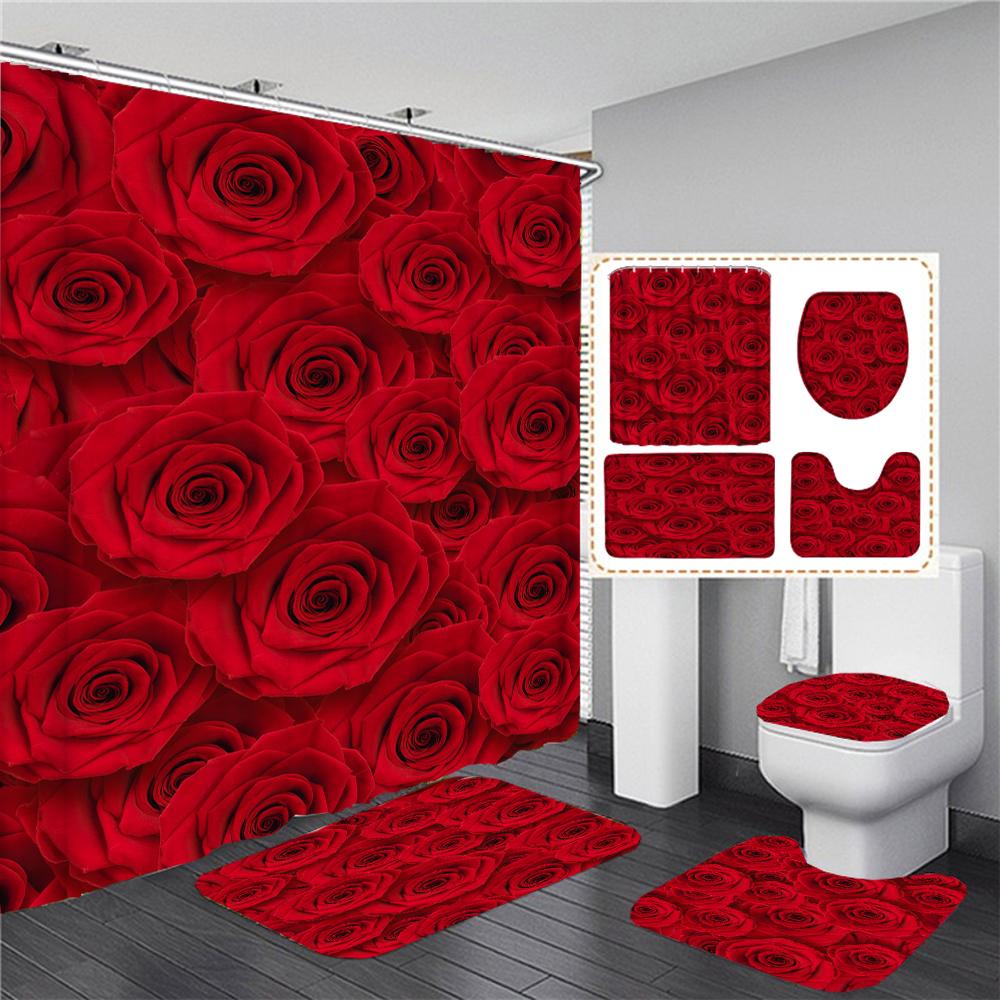 Pink Floral Rose Waterproof Shower Curtain Sets Toilet Seat Cover Non-Slip Bath Mat Rug Carpet Bathroom Decor Polyester Fabric
