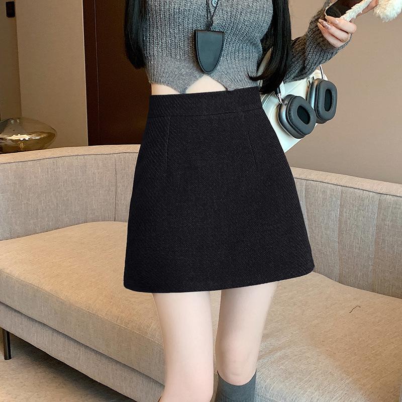 Women's High Waist Gray Plaid A-Line Wool Skirt - Petite, Anti-Exposure, Autumn/Winter Style