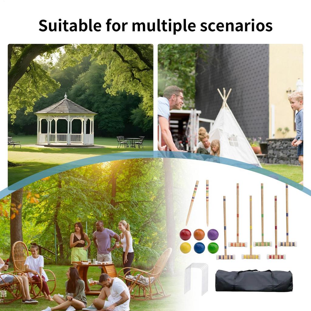 Hot-Sell!-Six-Player Croquet Set with Wooden Mallets, Colored Balls, Sturdy Carrying Bag Sturdy Carrying Bag for Adults &Kids