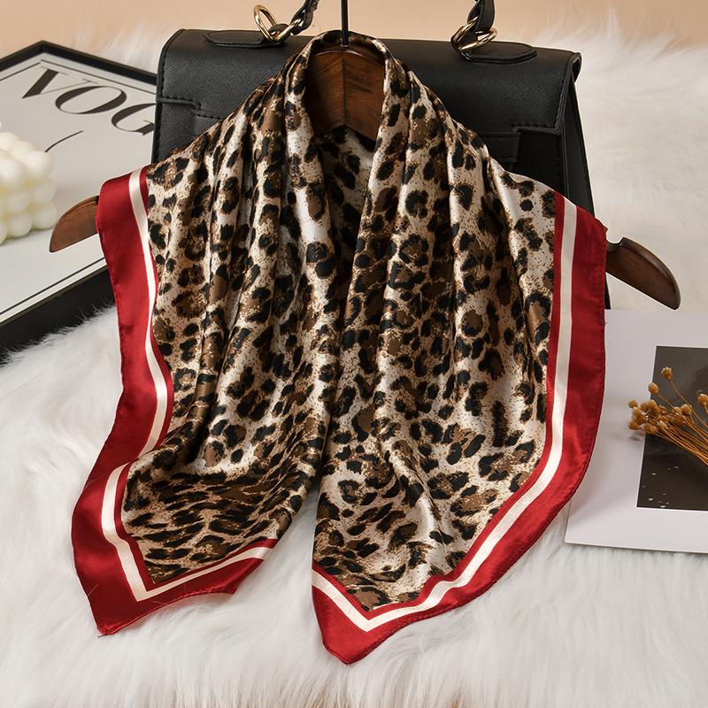 60Cm Leopard Print Kerchief Hair Scarf For Women Silk Satin Headband Hijab Scarfs Female Square Neck Scarves For Ladies