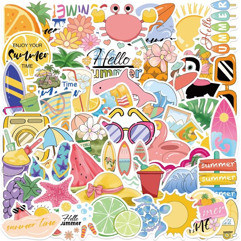 10/30/50PCS Pink Happy Summer PVC Sticky Sticker Aesthetic DIY Decoration Scrapbooking Children's School Supplies