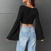 Women's U Neck Solid Color Crop Slimming Fashion Flared Long Sleeve Top Sexy Short T-shirt Top