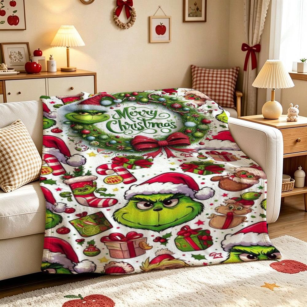 Extra Grinchy Today Theme Cute Flannel Blanket Machine Washable Fleece Blanket For Living Room Bedroom Gaming Room Party Decor Christmas Gift