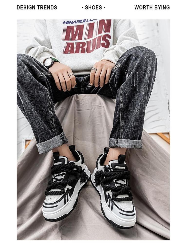 Men's Personalized Hemp Rope Strap Sneakers - Trendy Bright Colors, Casual Loafers, Thick-Soled Youth Sports Shoes