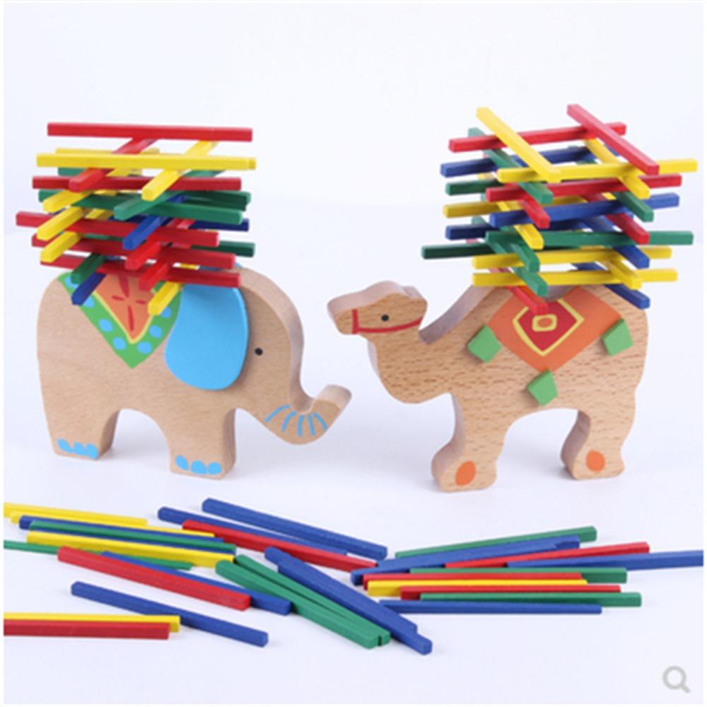 Image Cute and Colorful Balance Beam Color Stick Game Early Education Puzzle Wooden Toy Elephant Model