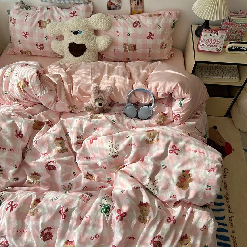 Cartoon Pattern Printed Super Soft Bedding Sets Washed Cotton Cozy Breathable Bedsheet with Pillowcase Adult Child Comfort Set