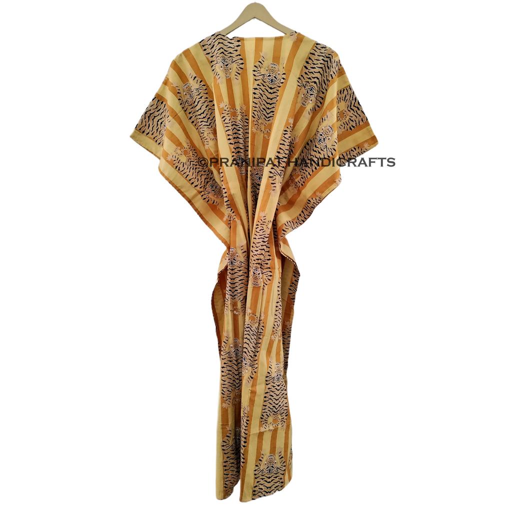 Women Cotton Summer Gold Sleepwear Tibetan Tiger Print Long Maxi Caftan Dress CKFTN-SCRN-FULL-BUYIT-105