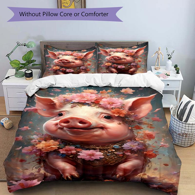 3pcs Floral Pig Bedding Set - 1 Duvet Cover + 2 Pillowcases(Core Not Included), Machine Washable Polyester, All-Season Comfort, Bedroom Deco