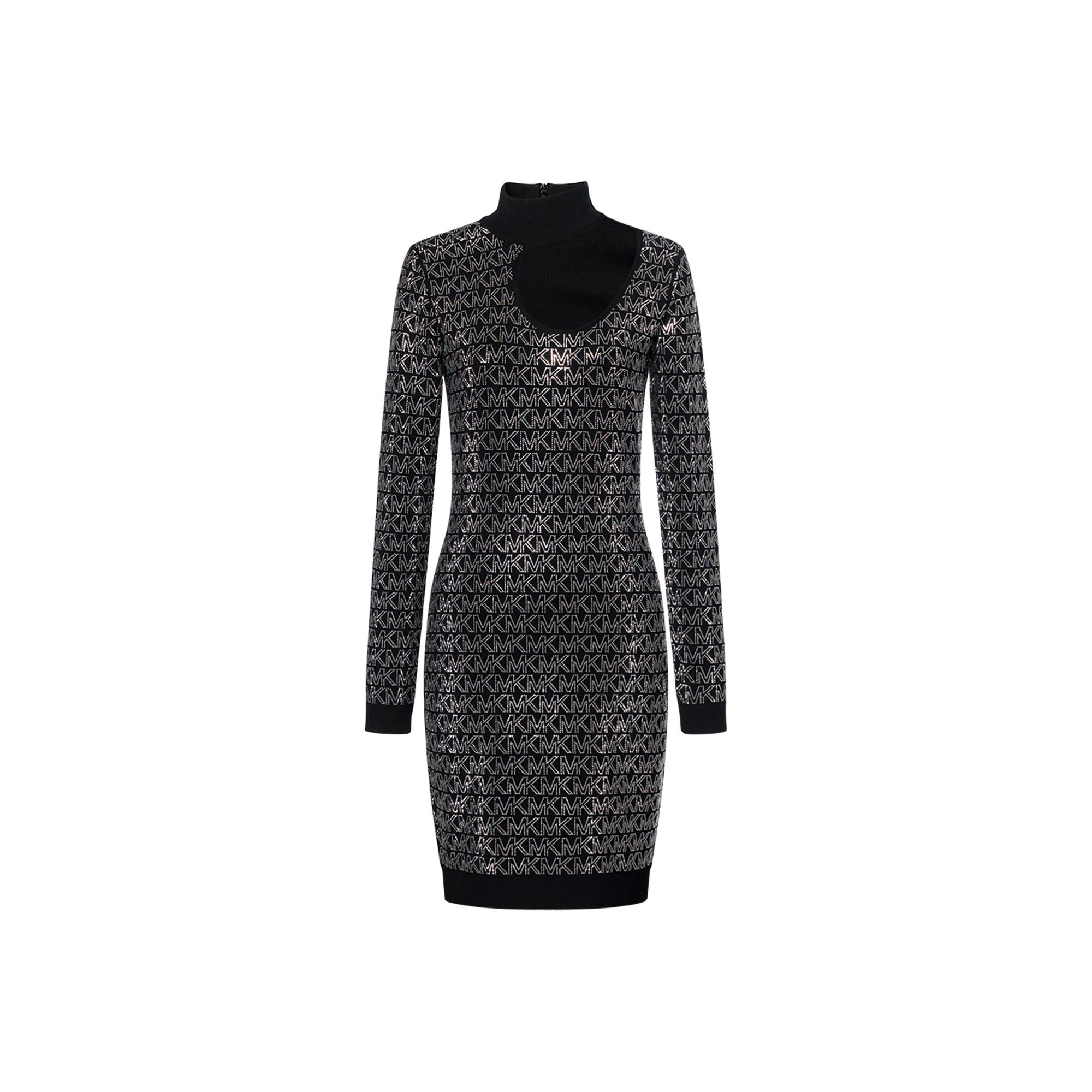 Michael Kors Ss23 Logo Print High Neck Hollow Out Long Sleeve Dress Women dresses Black MF281EI33D-099 S